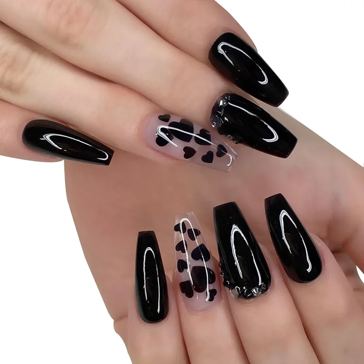 Customize High Quality Transparent Background Black love Pattern Glossy Black Artificial Fingernail  3d Rhinestones False Nails