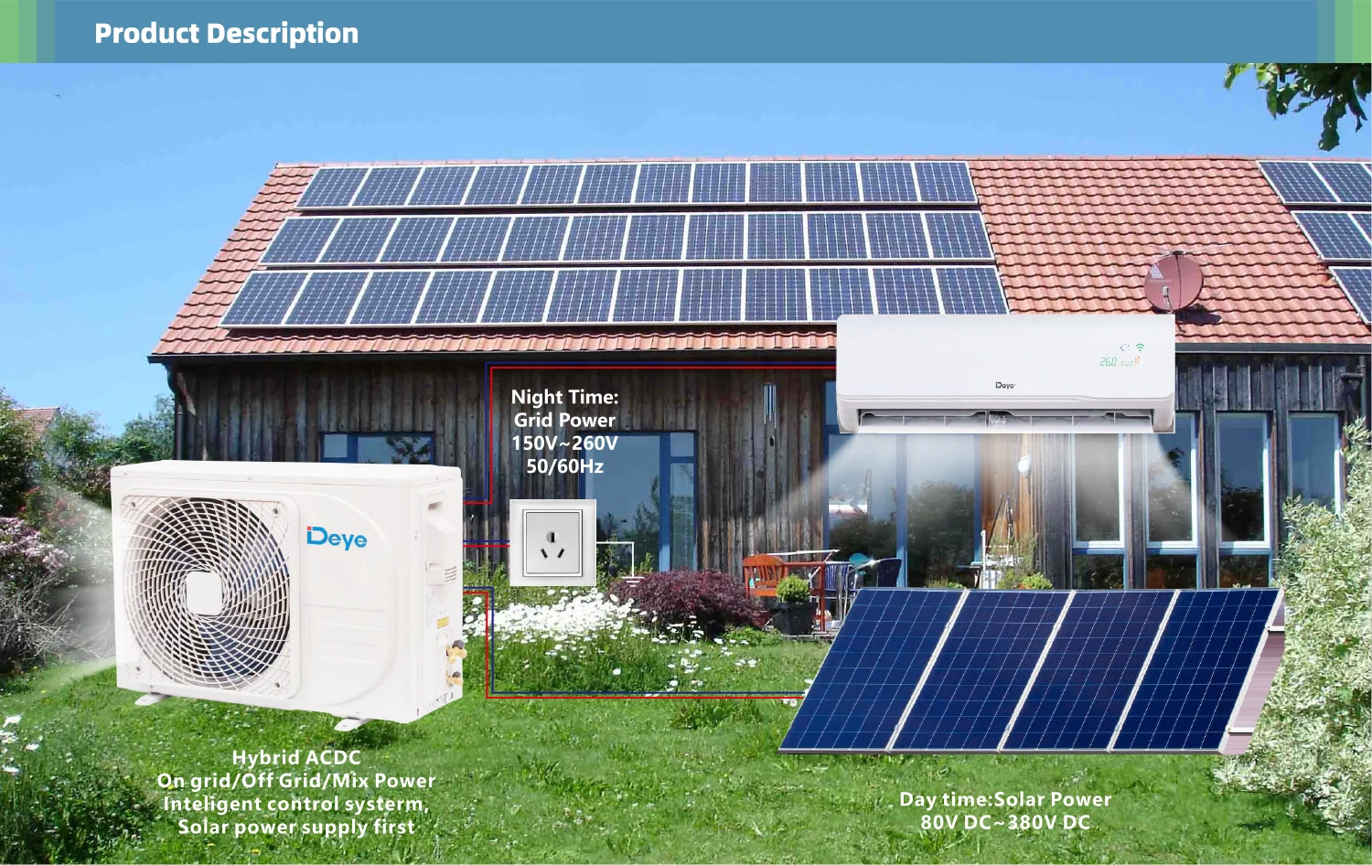 High Quality Deye 12000btu Wifi Smart Wall Mounted Ac Dc Hybrid Home Solar Split Air Conditioner 6123