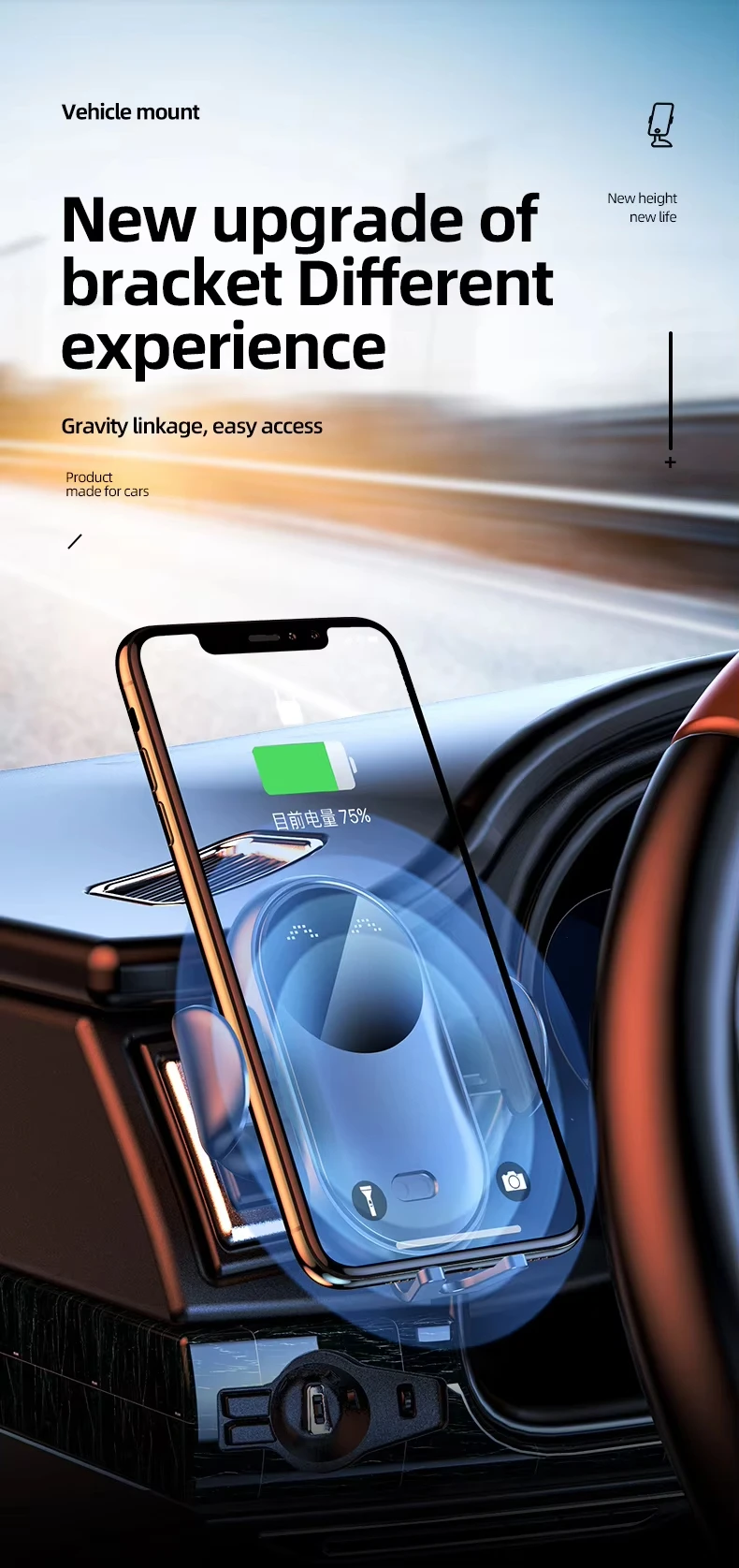 Intelligent 15W Smart Sensor Wireless Charger Fast Car Phone Holder Stand for Phone Android Adjustable with Charging Function