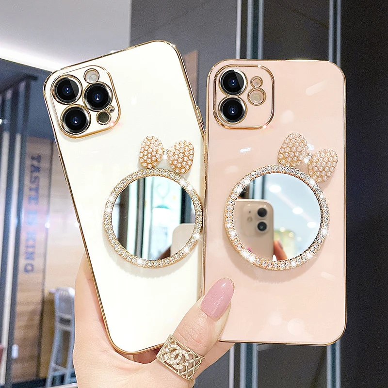 Makeup Mirrored Phone Case Fundas De Lujo Para For iphone 13 14 12 Pro Max Butterfly Diamond Bling Cases Cover For Women Girls details