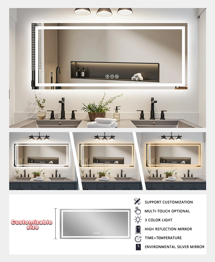 product high quality modern luxury rectangle smart bathroom mirror water resistant furniture led mirror with led lights for apartment-4