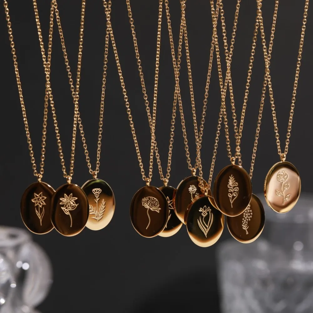 防变色18k镀金不锈钢12个月出生花字母椭圆形圆盘吊坠o链项链女士 Buy 高品质的新设计花卉出生项链不锈钢项链设计珠宝 18k镀金不锈钢12月1月2 月4月6月7月菊花玫瑰花生日项链 精致的18k镀金雕刻花12月吊坠项链不锈钢生日花复古项链作为生日礼物 Product On Alibaba Com