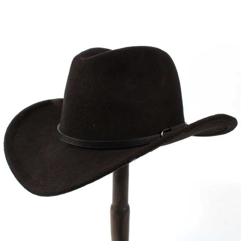 Wool Women's Men's Western Cowboy Hat for Gentleman Lady Jazz Cowgirl with Leather Cloche Cowboy Hat Black