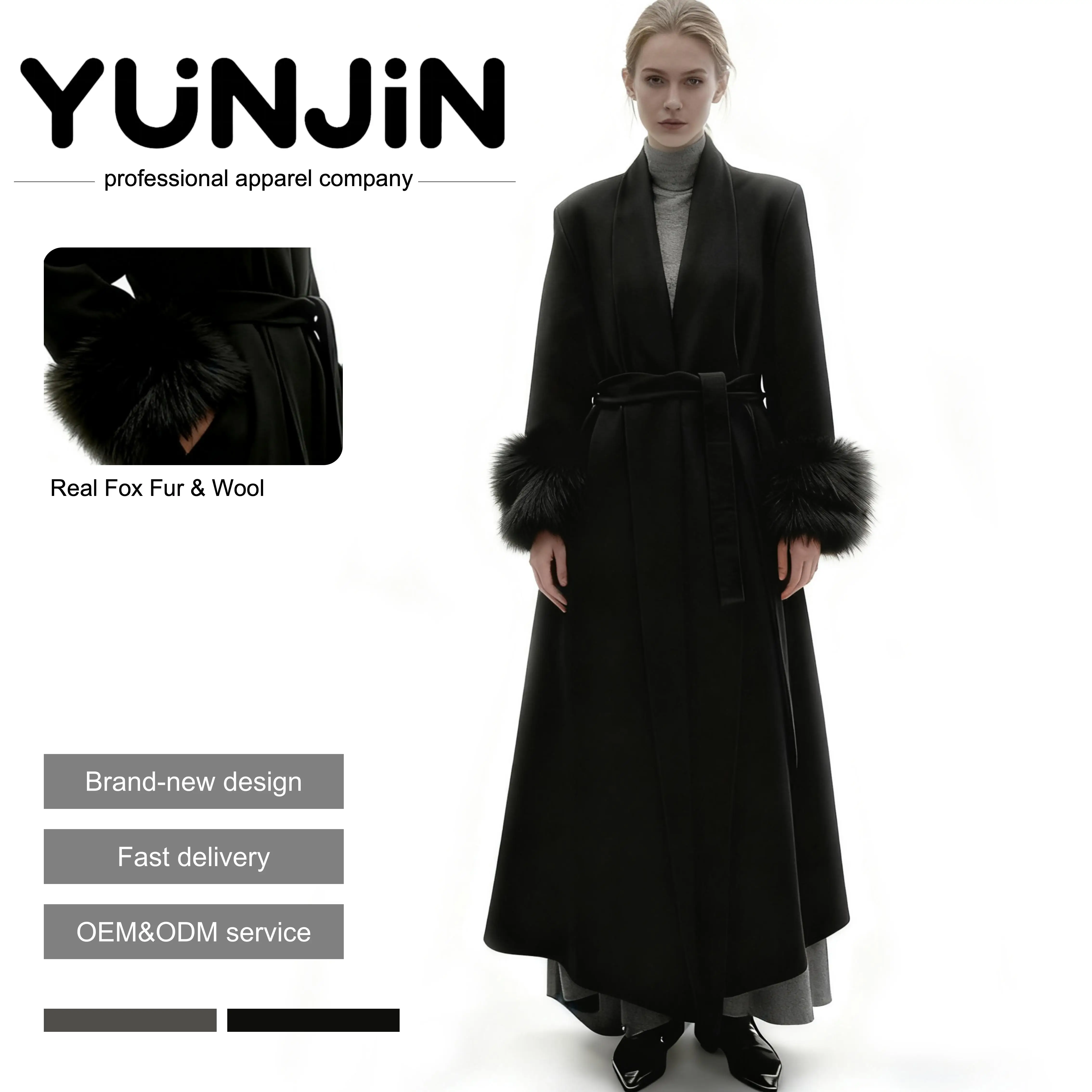 YUNJIN Black Luxury Women's Wool Cashmere Double Faced