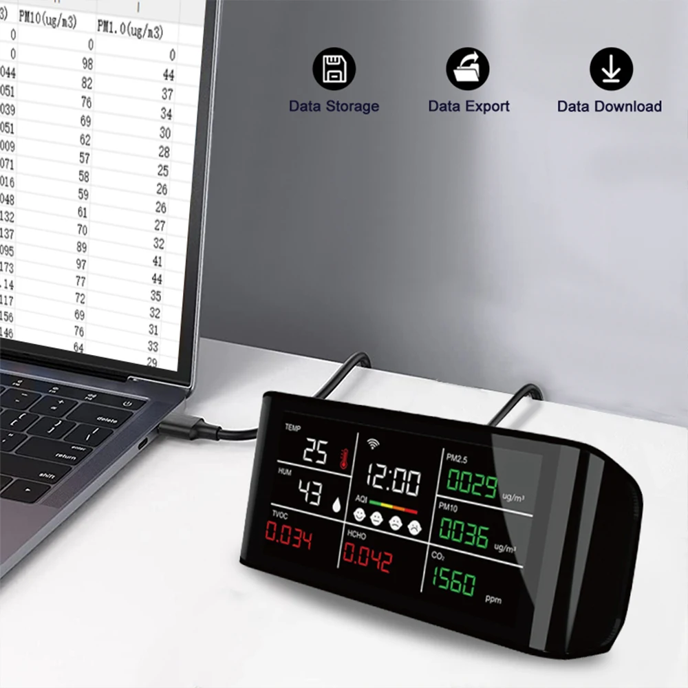 DM69M-WIFI экспорт исторических данных многофункциональный детектор газа CO2 PM2.5 PM10 HCHO TVOC с температурой и влажностью