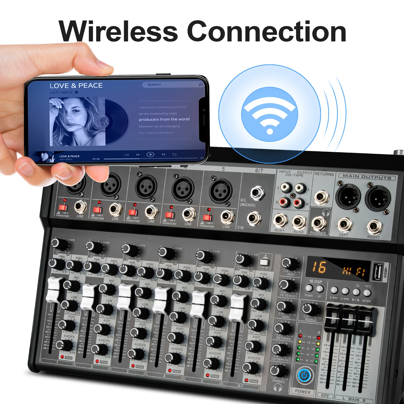 KA6 Digital Blue Tooth Professional Audio Mixer 7 Channels Audio Mixer Console 16 DPS Effects USB Audio Mixer 48v