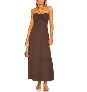 Custom High Quality Summer Office Lady Casual Dresses Spaghetti Strap Halter Neck a Line Sun Maxi Dress