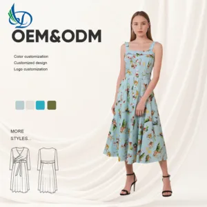 Summer Retro Style Dress, High-quality Knee Length Beach Skirt with Suspender Straps and square Collar
