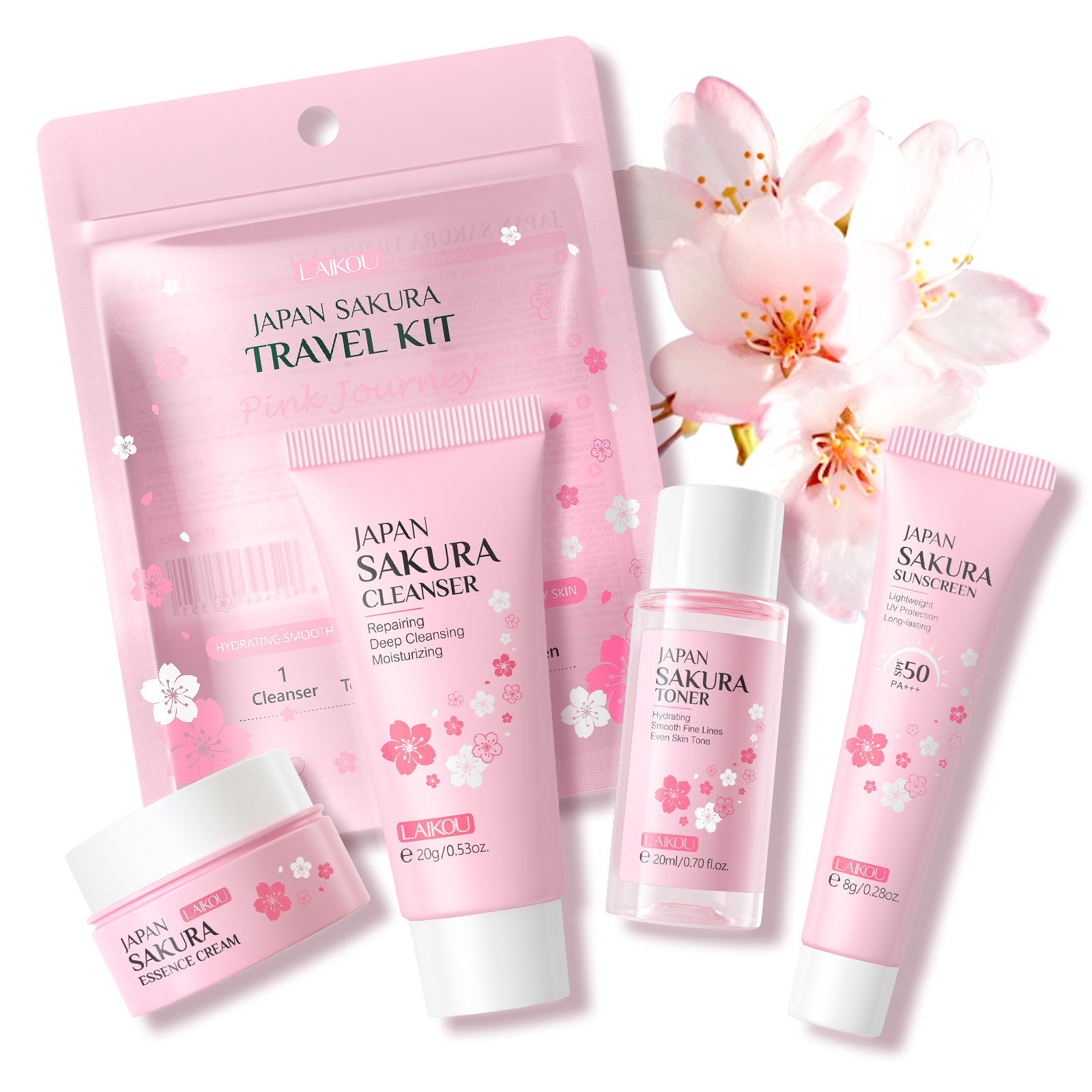 LAIKOU 4PCS桜旅行用コスメセット - フェイスクリーム・クレンザー・トナー