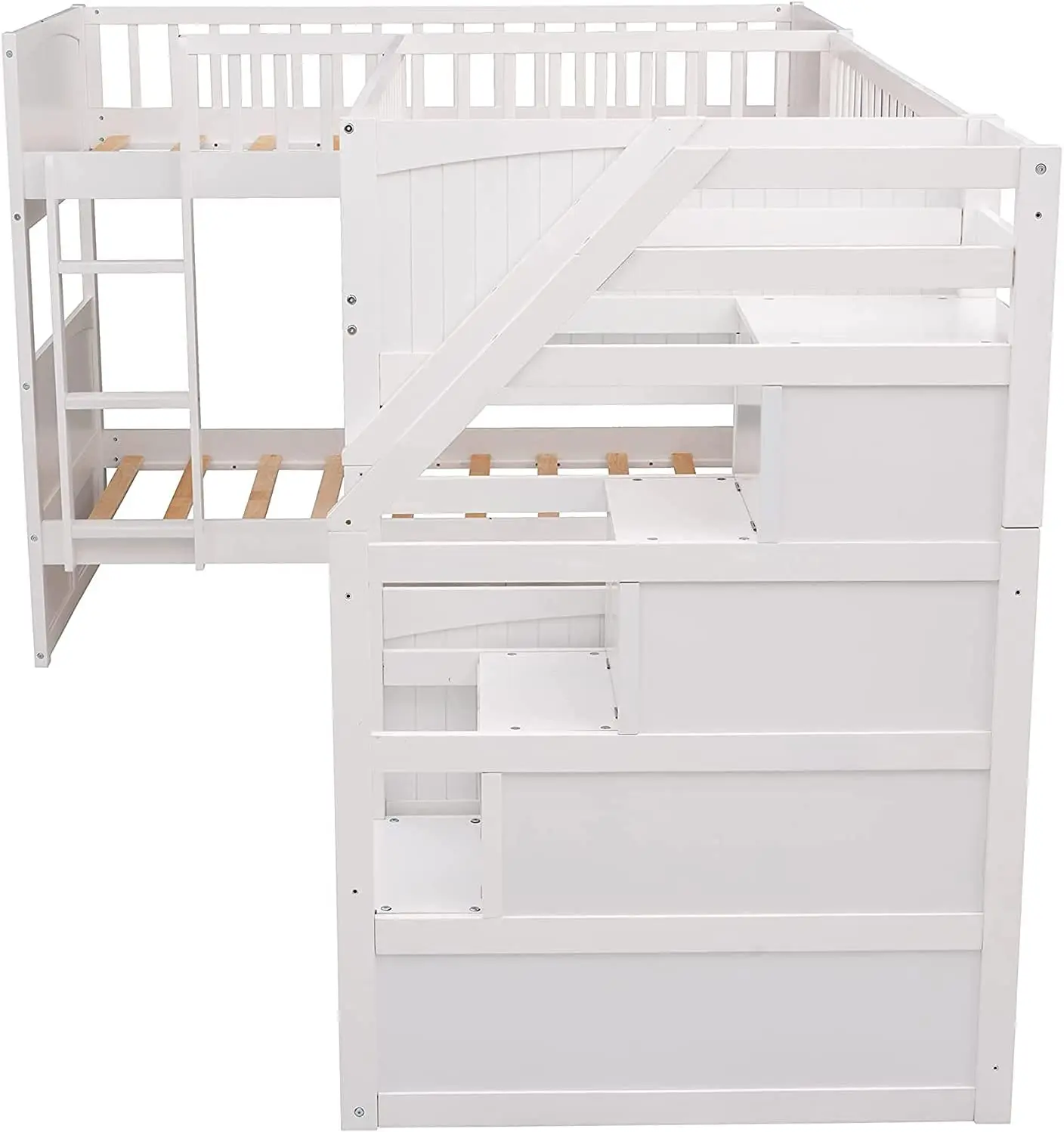 Maximized Space Twin Over Twin Bunk Beds White Wooden L-shaped Bunk Bed ...