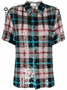 Haute Couture Fashion Ladies Casual Cotton Sequin Embroidered Plaid Spring/Summer Long Sleeve Breathable Custom Design Shirt