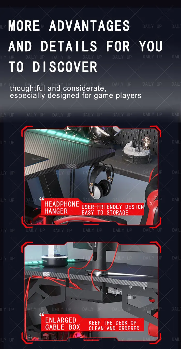 RGB PC Gaming Table With Carbon Fiber Texture Cable Box Steel Frame Professional Gamer Computer Desk For E-Sports Entertainment