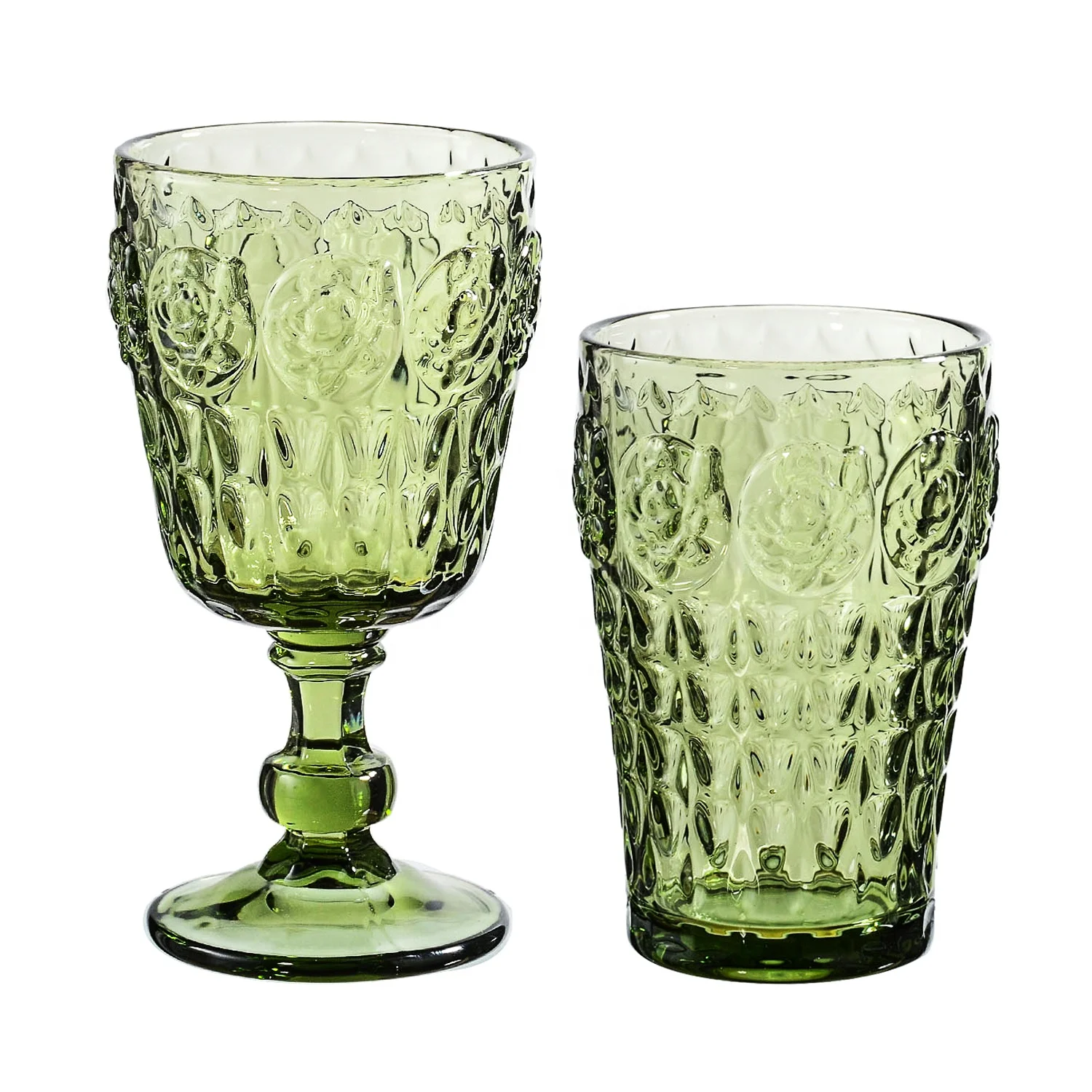 Samyo Wholesale Custom Multi Colored Glassware Vintage Thick Stem Embossed Rose Goblets Glass Engraved Wine Glasses