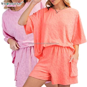 Women 2 Piece Summer Lounge Set Textured Floral Oversized T-Shirt Shorts Outfit with Pockets