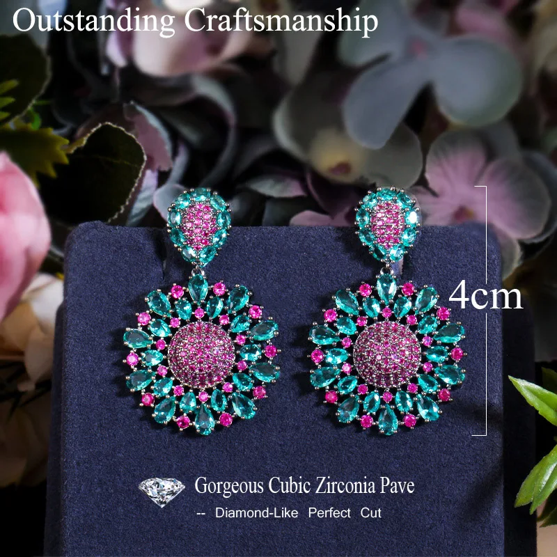 Fuchsia Pink Green Statement Earrings, Pink Green Crystal Stud...