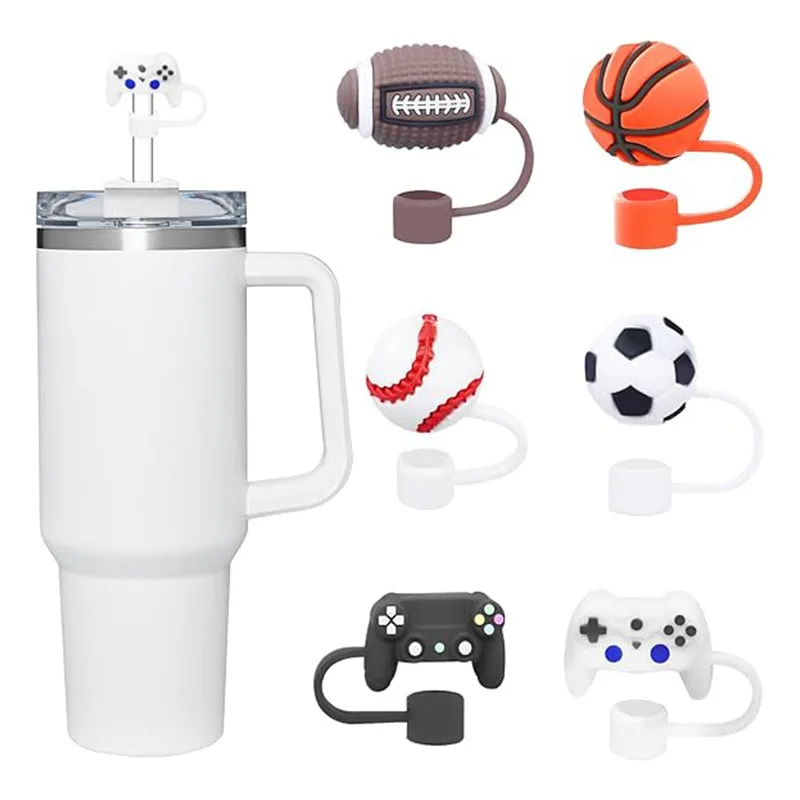 DD2808  Sports Style Straw Protector Silicone Straws Top Cap Dust Proof  Football Basketball Decor Plug Straw Stopper Tips Cover