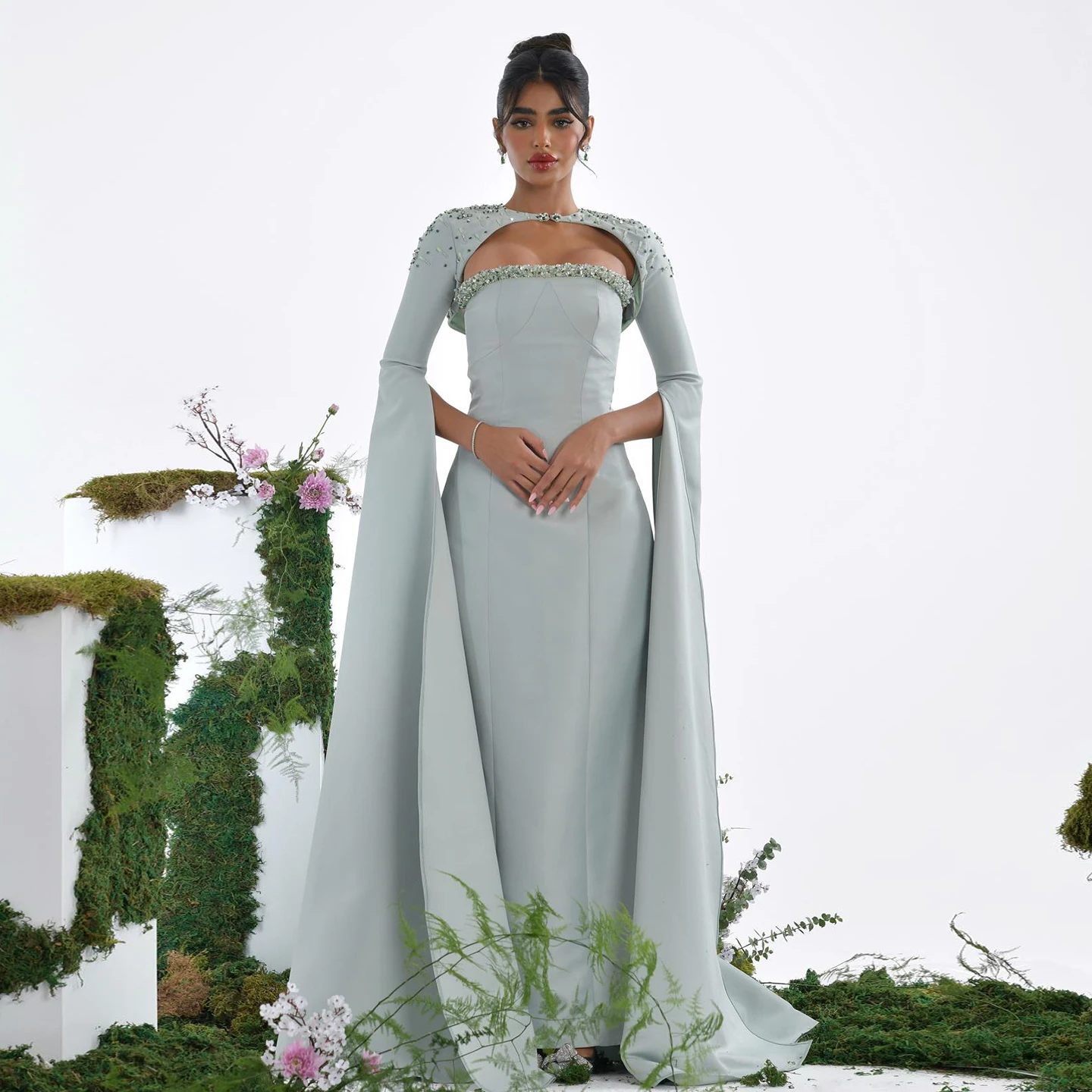 Sharon Said SS424 Luxury Beaded Sage Green Mermaid Evening Dress With Cape  Sleeves Dubai Women Wedding Party Gown