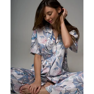 Custom Logo Pyjama Womens Pajamas Set XS-5XL Leaf Silk Satin Pajama Sets Silky Pj Sets 2Pcs Loungewear Sleepwear Button Down Pjs