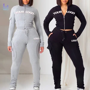 Huili Custom Logo High Quality Tracksuit Skinny Stretch Crop Top & Slim Fit Pants Activewear Hoodie Two Piece Set Women