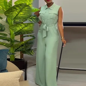 New Style Lapel Pocket Jumpsuit With Loose Waist and Wide Leg Sleeveless Jumpsuit