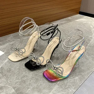Newest Wholesale Rhinestone Strap clear Heel Ankle Strap Heeled Sandals High Heel Sandals for Women and Ladies