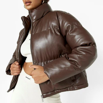 2022 Bubble Coat Padded Logo Leather Pu Wholesale Cropped Winter Ladies Custom Brown Oversized Crop Puffer Jacket Women