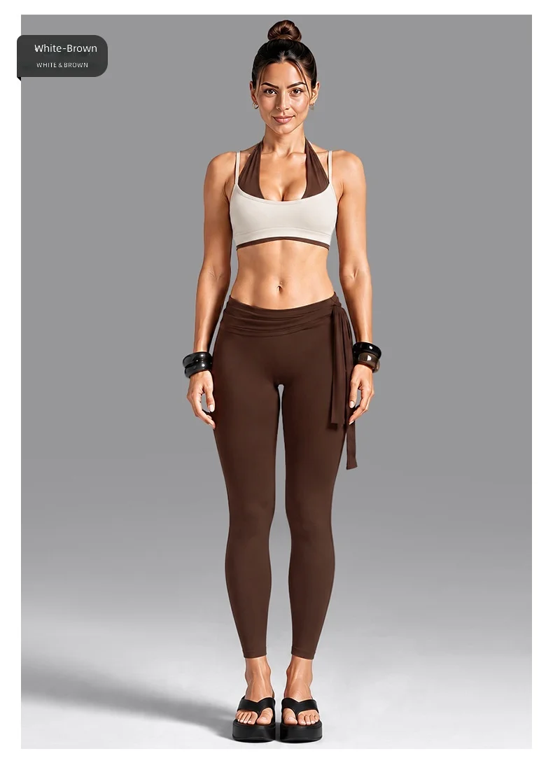 Quick Dry Yoga Set Color Block Halter Double Layer Sports Bra Self Tie Waist Flare Pants 2 Piece Fitness Outfit — detail