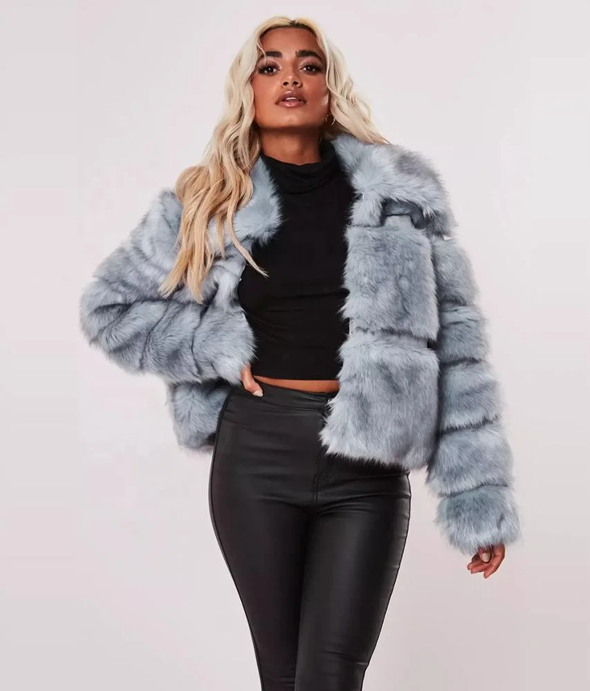 Women's Winter Woolen Coat New Factory Style Black Short Pelted Faux Fur Bomber Jacket with Plaid Pattern Bubble Raccoon Outwear
