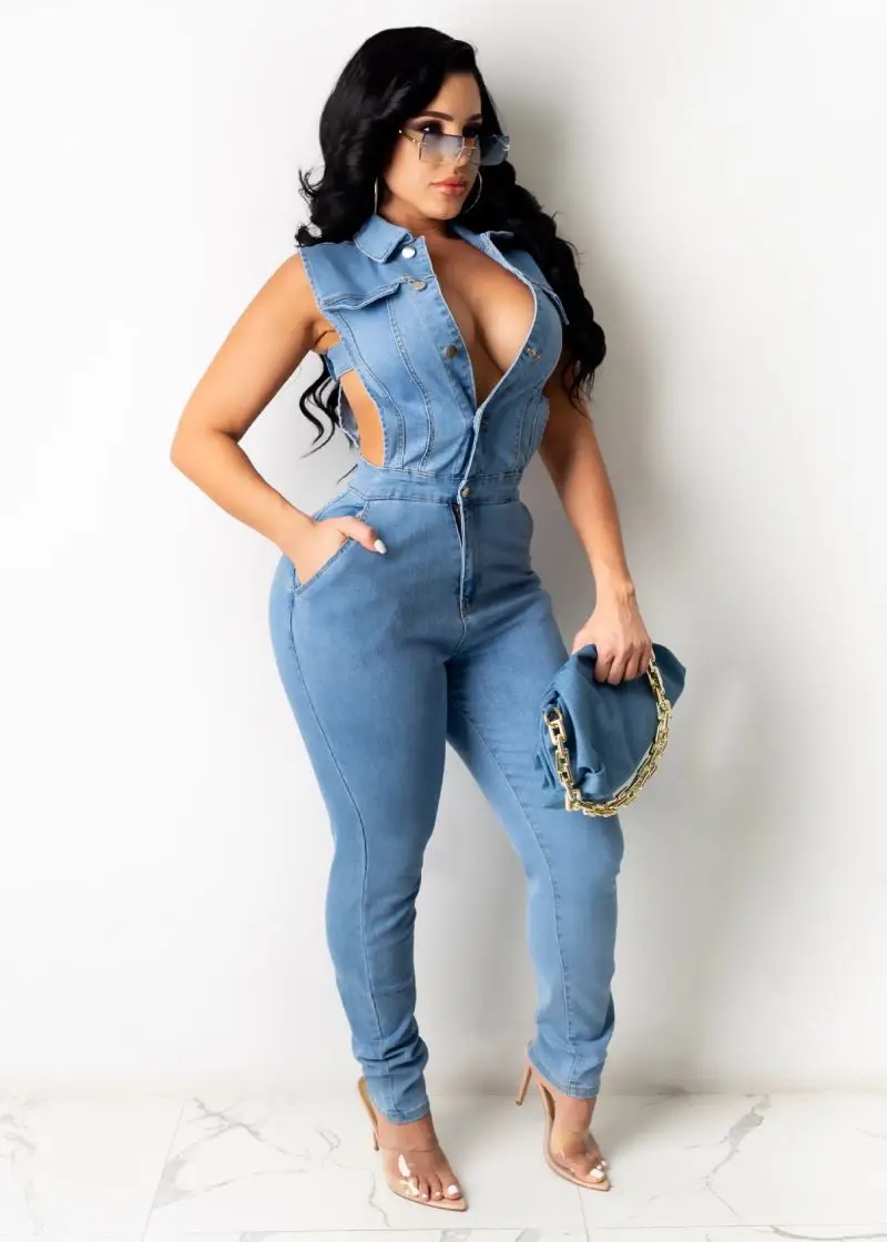 High Quality Sleeveless Autumn 2023 Denim Jumpsuit Jean Bodysuit With  Button Women Denim Jumpsuit