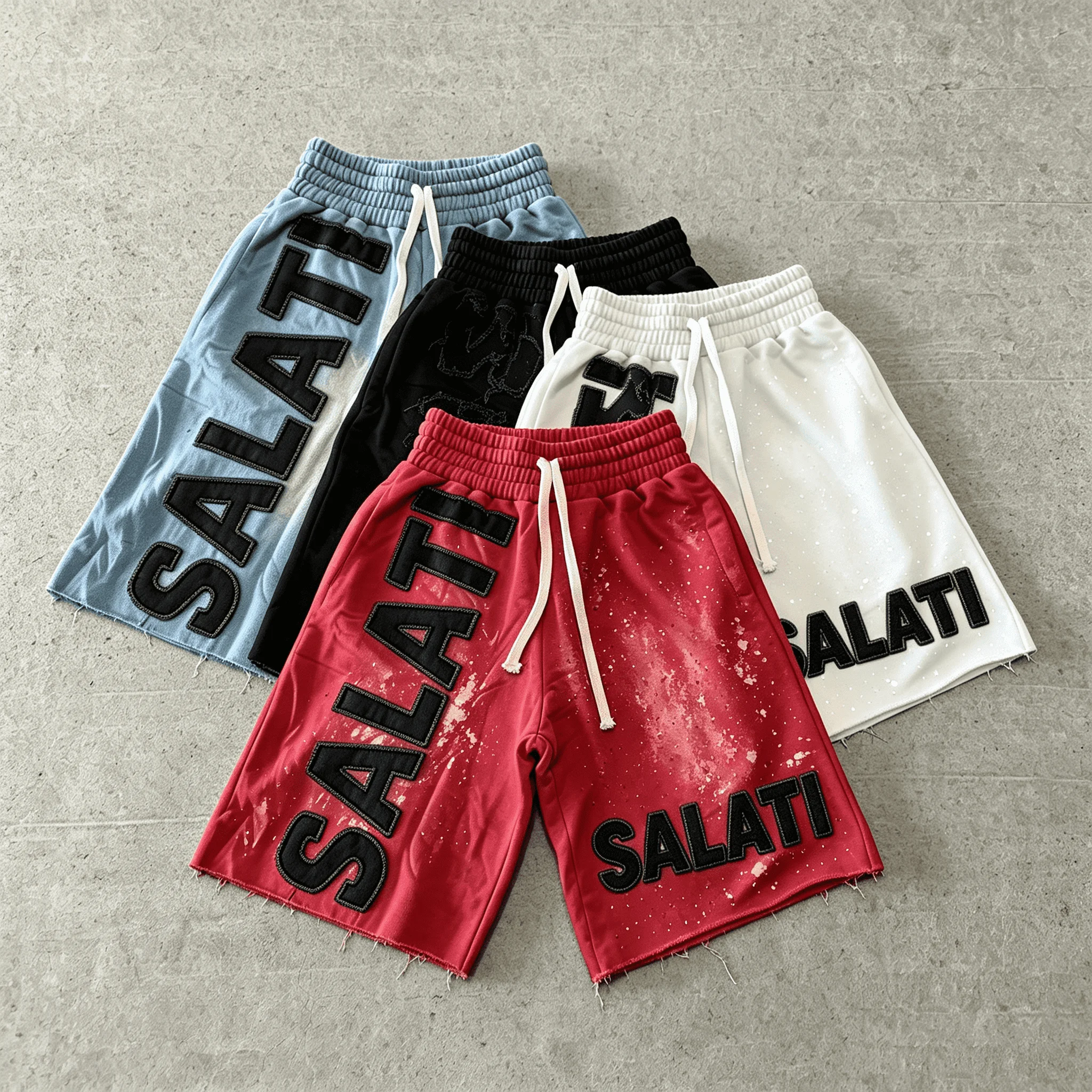 Custom Logo Heavyweight French Terry Patch Letter Sweat Shorts Raw Edge Splash Ink Loose Drawstring Streetwear Shorts for Men
