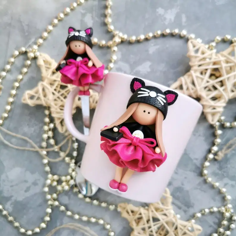 Cutie Cat Girl Dress up Ceramic Mug Polymer Clay Gift Mug