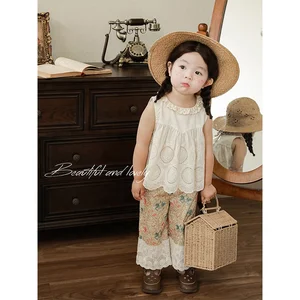 Summer Kids Girls Sleeveless Tank Top Solid Embroidered Floral Lace Cotton Tops Shirt Wholesale All-Match Kids Girls Vest