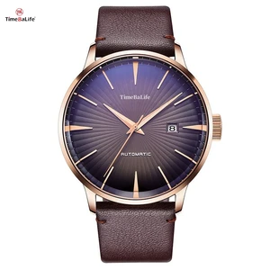 ODM Custom New Best Sell Luxury Automatic Watches Stainless Steel  Purple Slim Mechanical Watch for Genuine Leather Strap