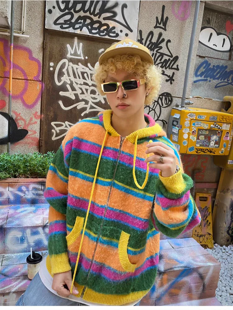 Autumn and Winter Striped Mohair Cardigan for Men Custom Logo