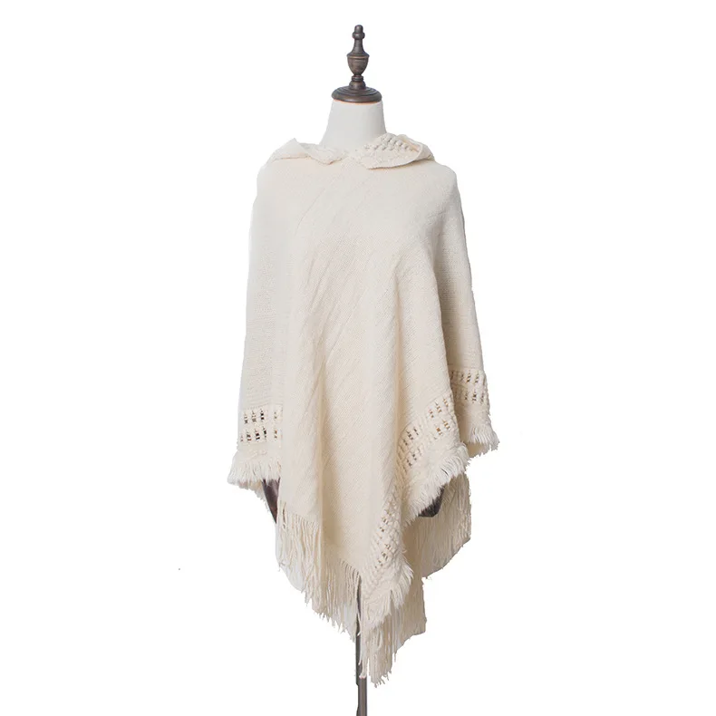oversized fashion knit tassels cloak capes phocho sweater  scarf Knitted hooded cape shawl
