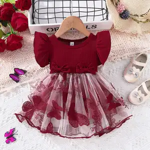 Summer Kids Dress for Girls Princess Style O-Neck Collar Butterfly Mesh Flying Sleeve Solid Color Polyester Clothes for Kids