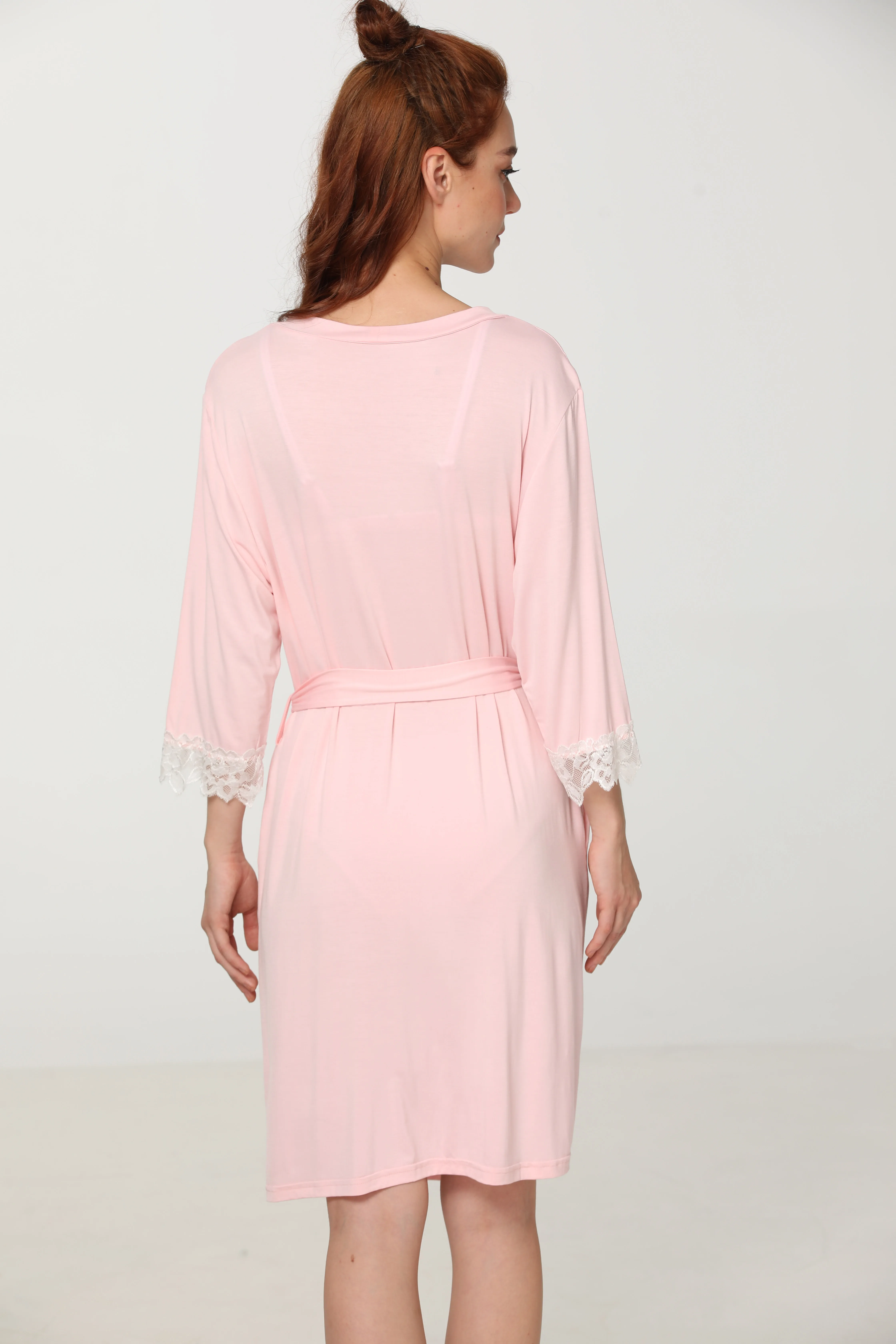 Custom Drop Shoulder Open Front Lounge Viscose Robe With Knit Jersey Lace Bathrobes Women Filles Robes
