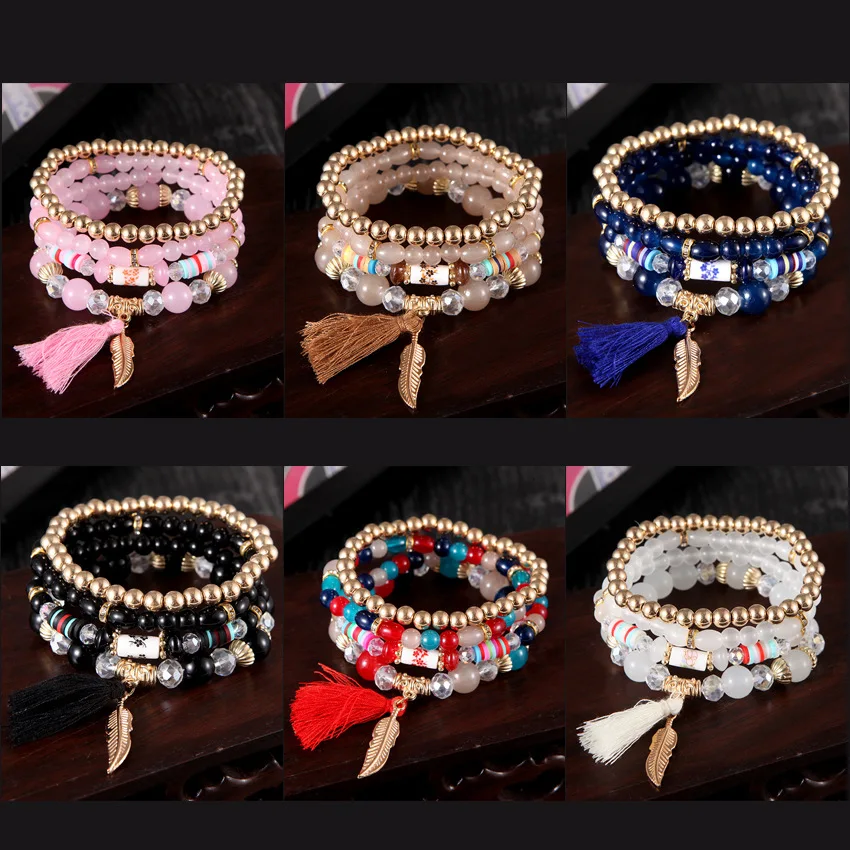 Caiyao – Set Da 3 Braccialetti Elastici Bohémien In Legno E Acrilico Con Elefante E Nappa, Regalo Donna