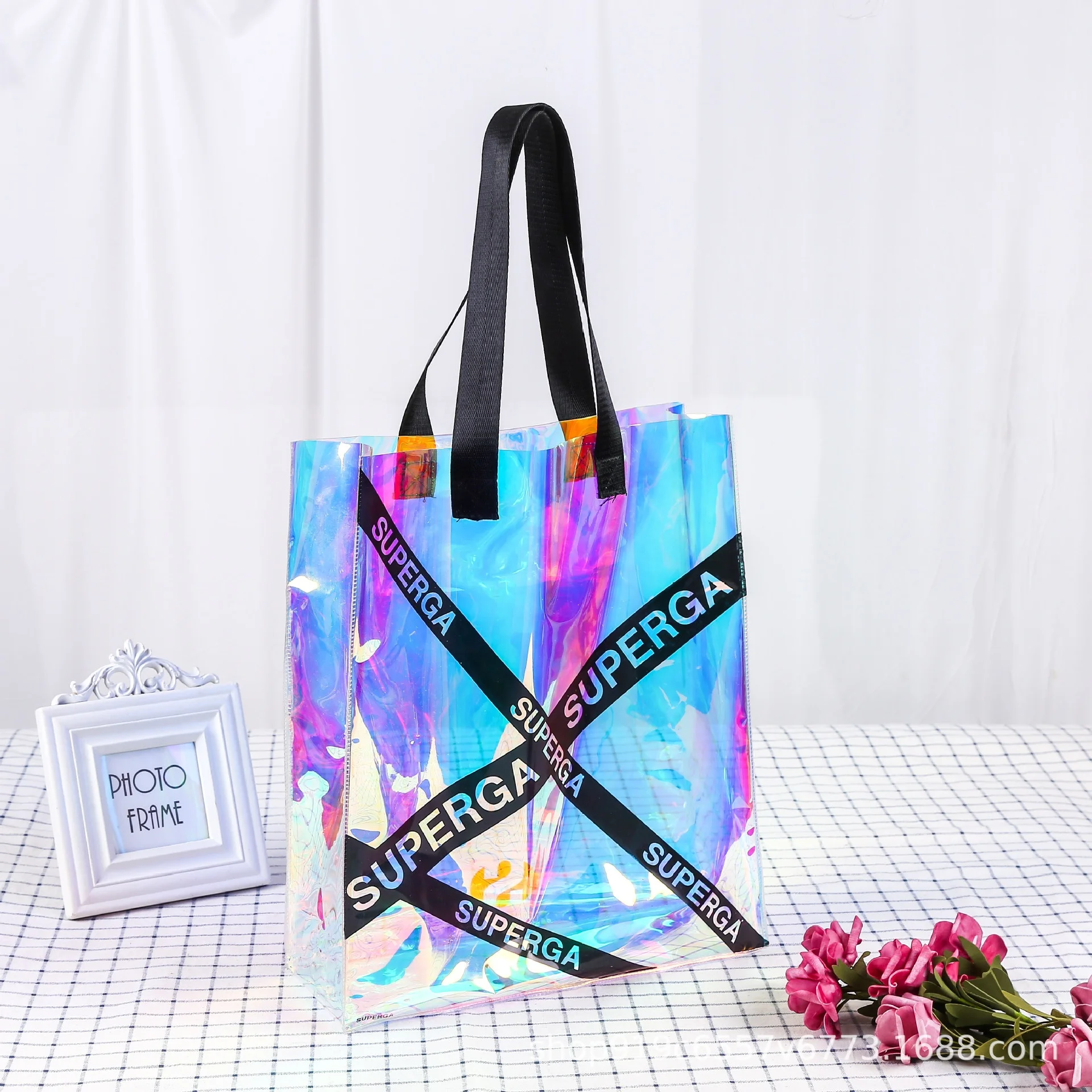 Reflective Shopping Hologram Clear Transparent Custom Holographic Beach Tote Promotional Holographic Handbag