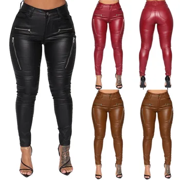 2021 New Black Vegan Leather plus size pants zipper Outfit Pu Leather Trousers For Women Ladies Push Up faux leather pants women