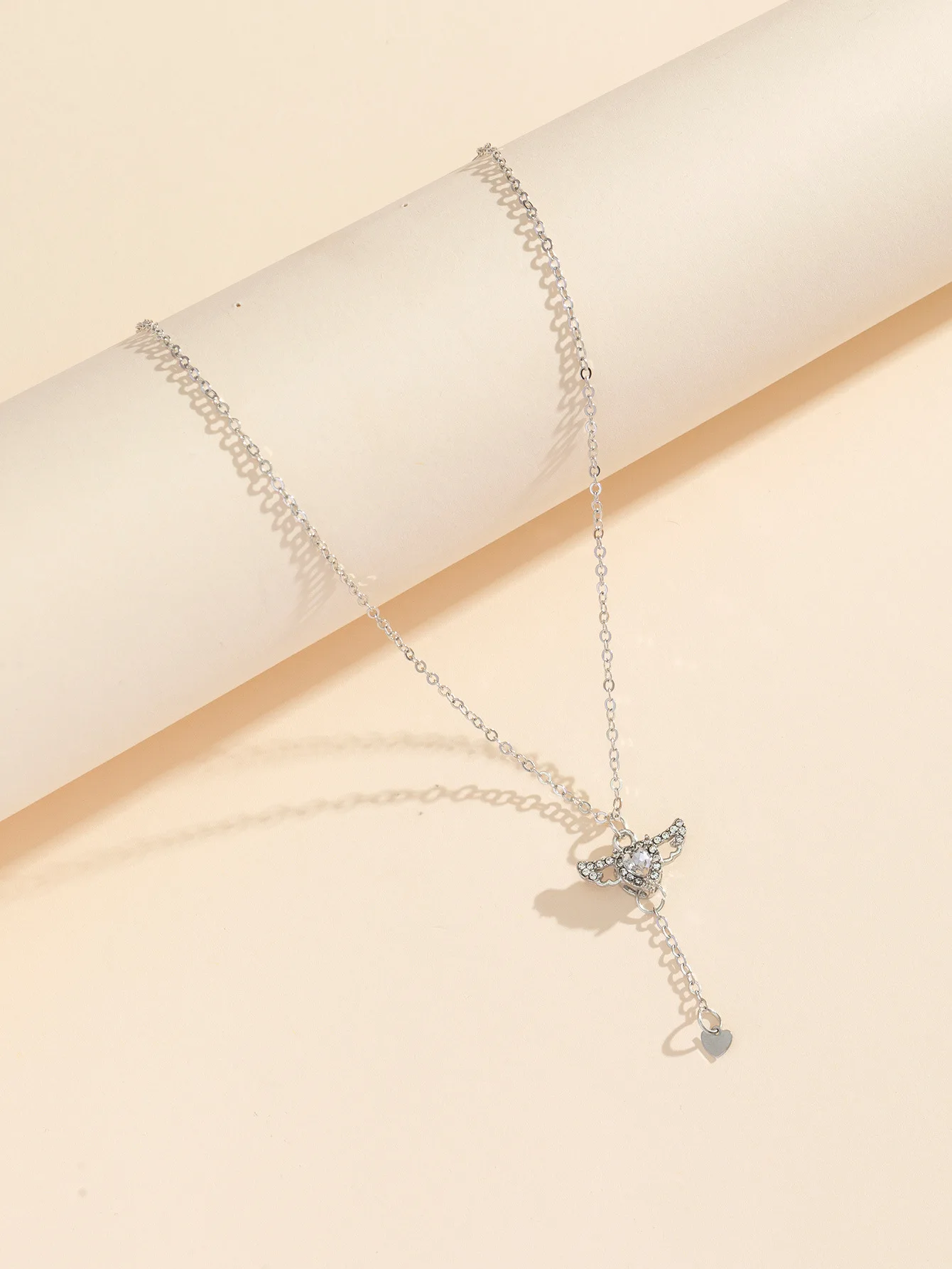 Girl's Neck Chain Cupid Arrow Necklace Pink Crystal Angel Wings Heart Pendant Necklace for Woman Minimalist Jewelry