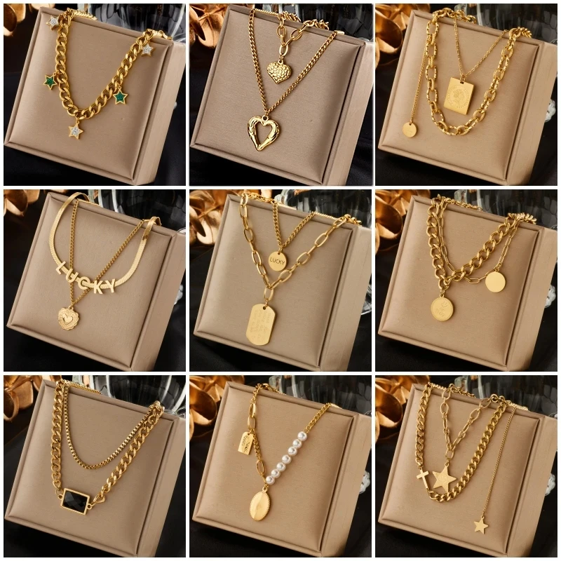 New Stainless Steel Gold Color Multilayer Necklace For Women Hip Hop ...
