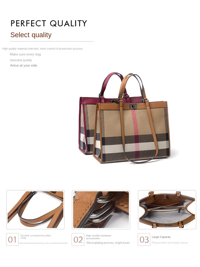 High Quality Travel Ladies Original Branded Bags Genuine Leather With Canvas Luxury Designer Women Handbag