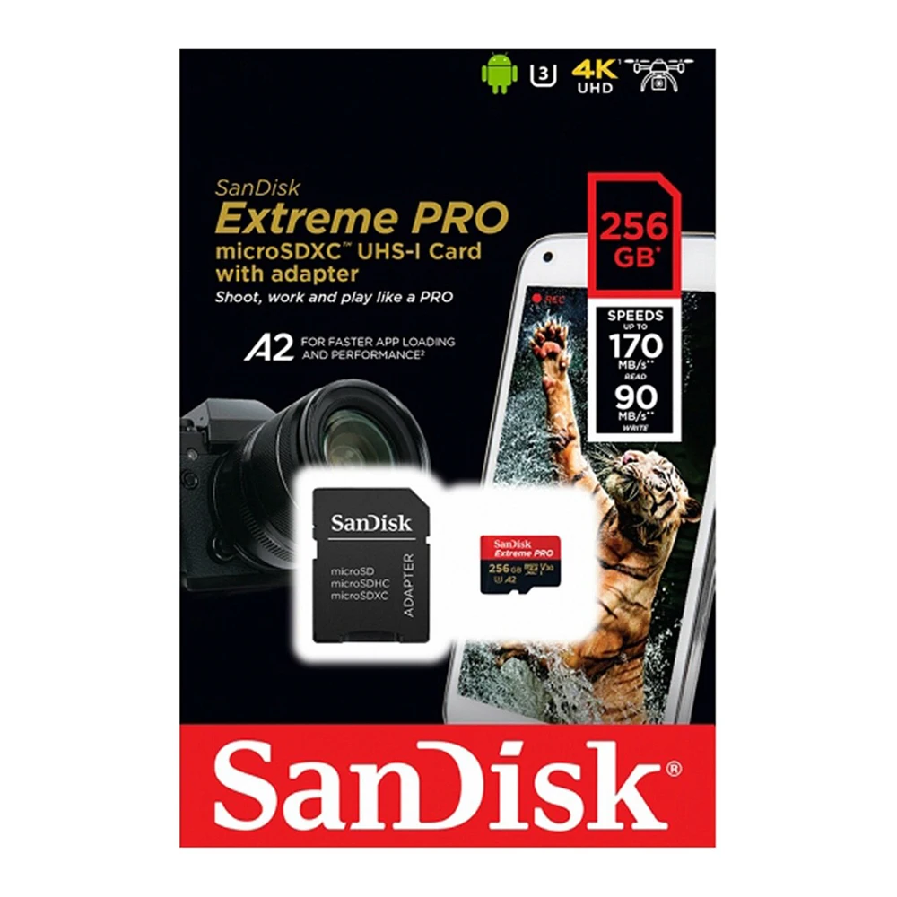 For Sandisk Extreme Pro 170MB/s Memory Card 32GB 64GB 128GB 256GB Mi cro SD Card A2 C10 U3 V30 SDXC UHS-I TF Card With Adapter