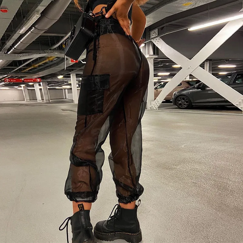 Custom Women's High Waist Cargo Pants - Transparent Mesh Trousers