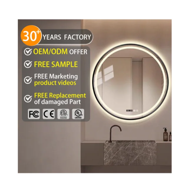 Modern Top Quality Promotional Custom Large Metal Frame Toilet Mirror Framed Round Smart Mirror With LED Light