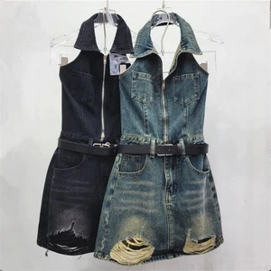 JY Z702DS01 Summer Street Wear Fashion Women New Zipper Design Belt Hanging Neck Sleeveless  Denim Mini Dress