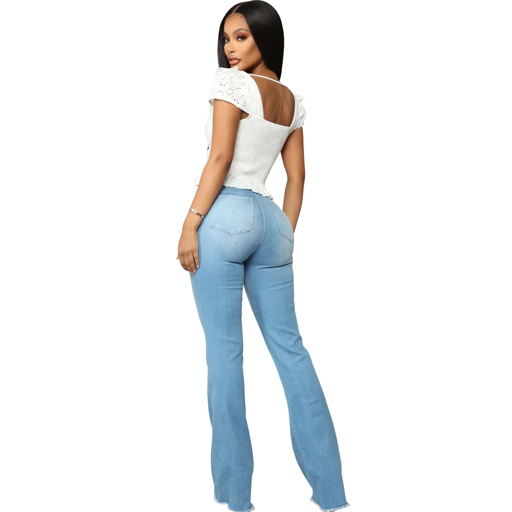 Light Blue Casual Flared Trousers Custom Jeans Boot Cut Wide Leg Lady