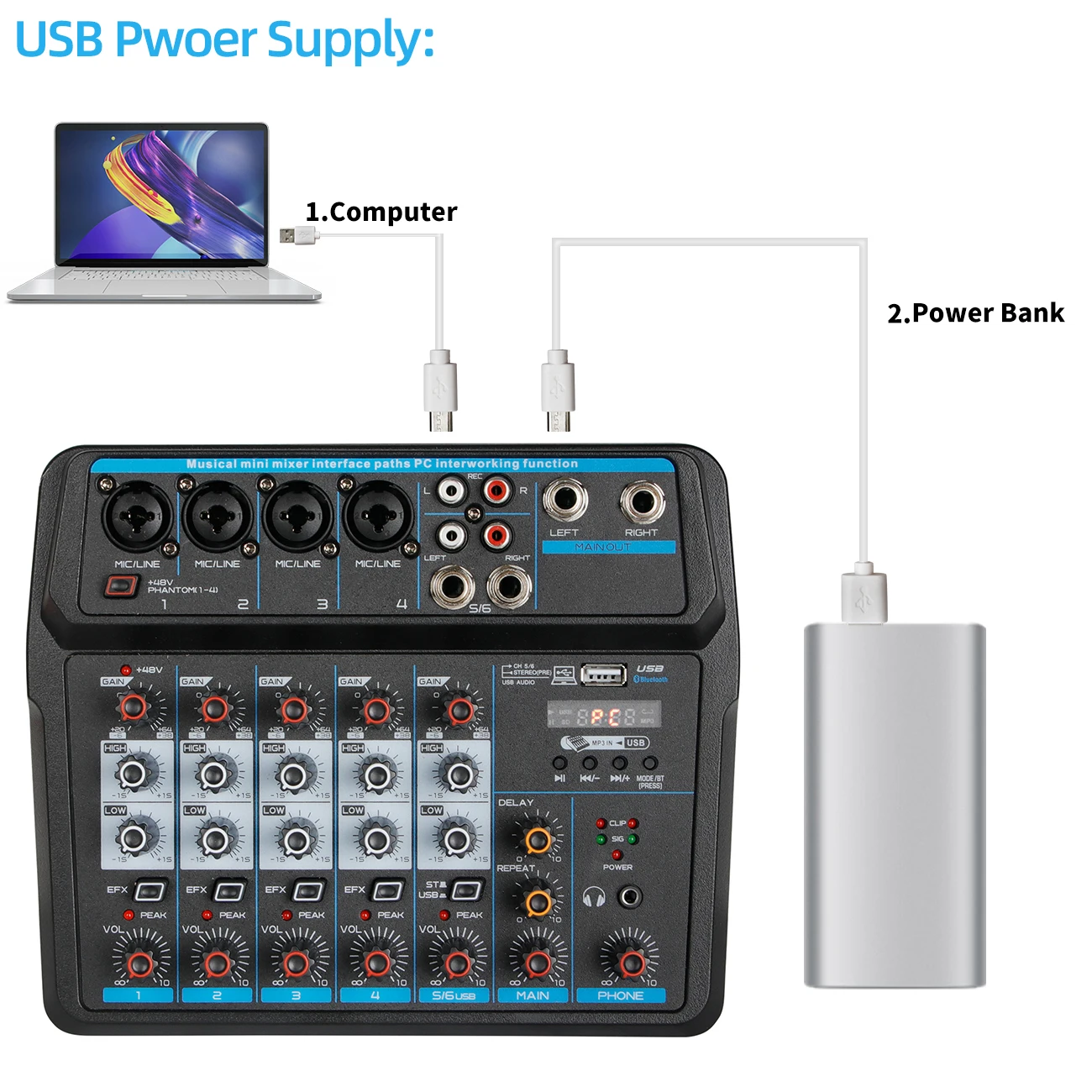 Depusheng U6 Mini Audio Mixer - 6 Channel USB Mixing Console for