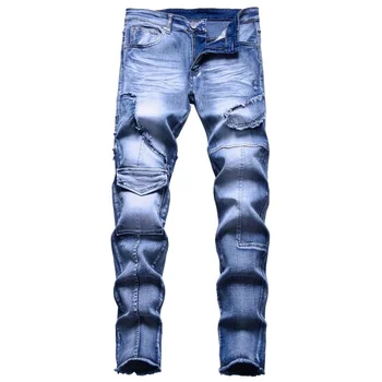 Fashion Comfortable Men's Multi-pocket Decoration Jeans Personalized Elastic Skinny Denim Trousers for Men